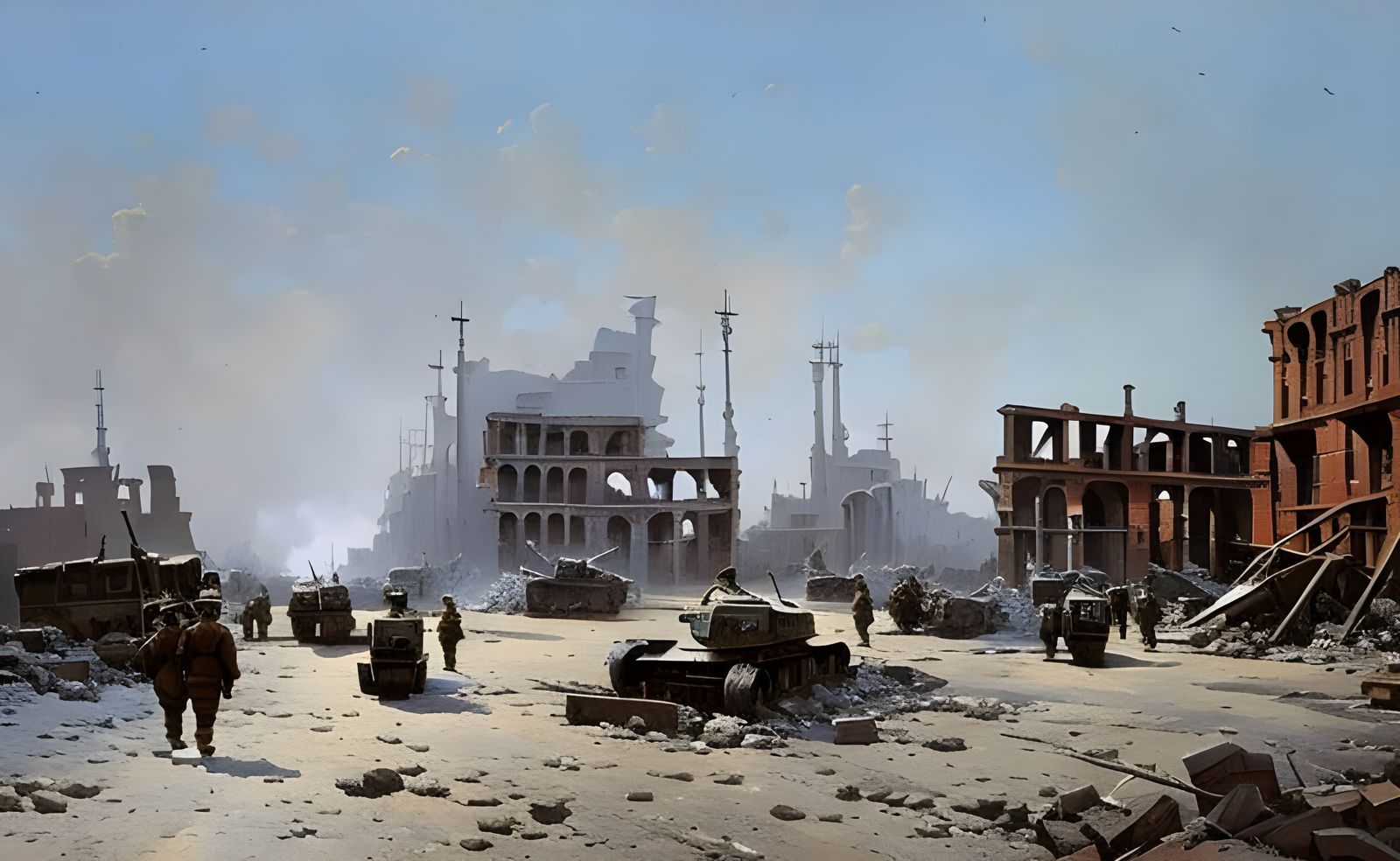 Stalingrad Ruins with Soldiers: Oil Painting