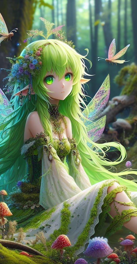 Anime Fairy Girl in Lush Forest Concept Art