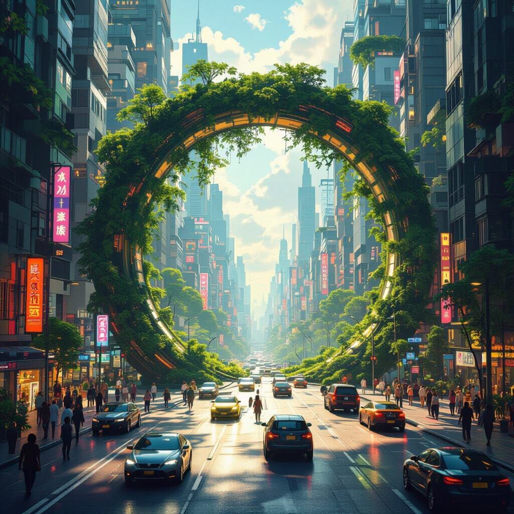 Futuristic Metropolis Portal with Neon Greenery