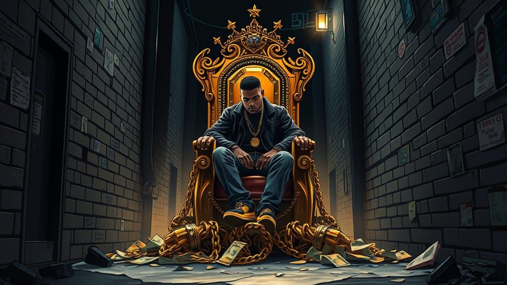 Gritty King of the Streets in Dark, Illuminated Throne