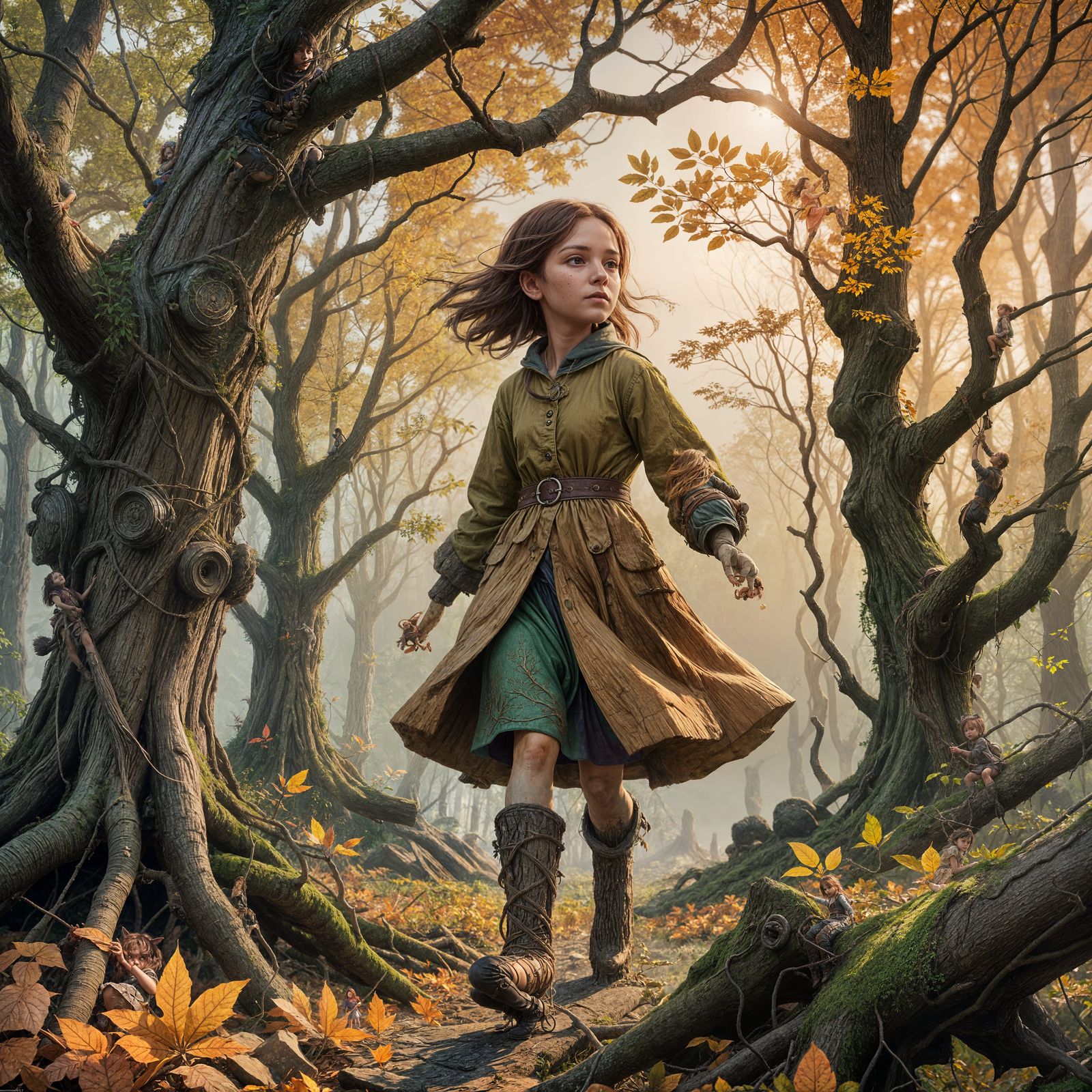 Ethereal Girl Ascends Autumn Tree in Dreamy Watercolour Styl...