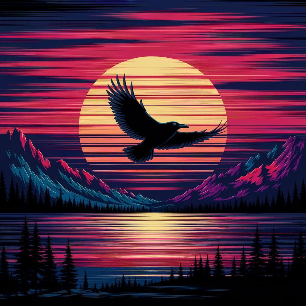 Raven Soars Across Vibrant Sunset Landscape in Tiny Striped ...