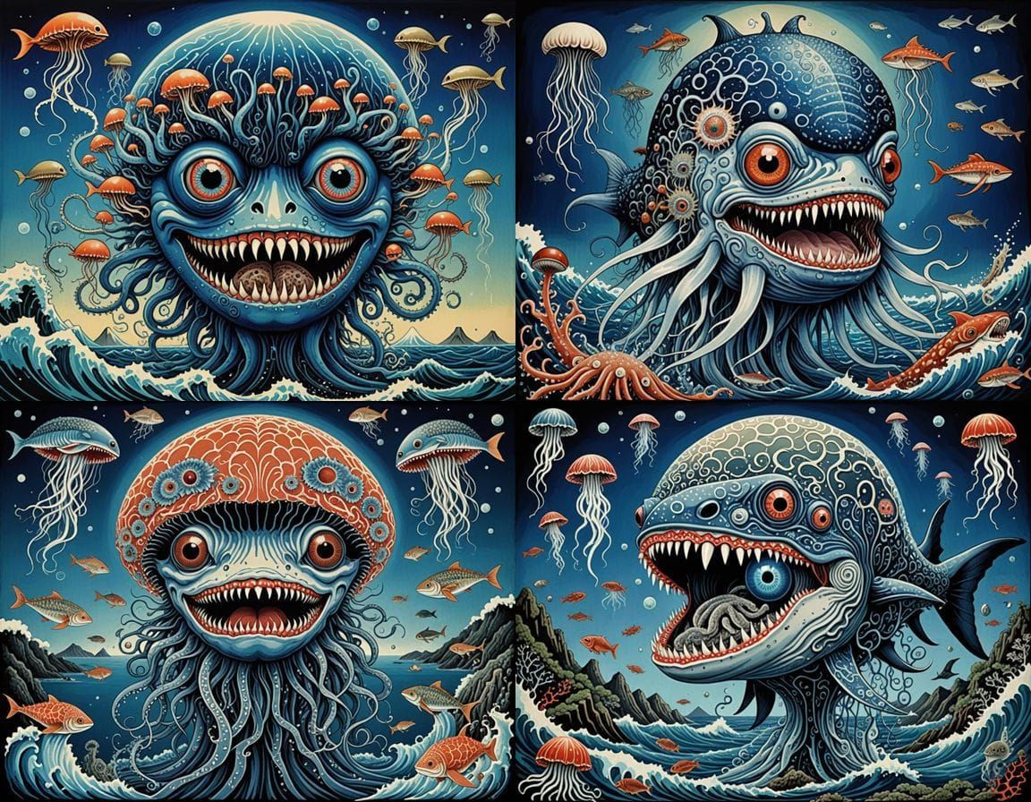 Hybrid Sea Creature in Whimsical Horror Ocean Atmosphere