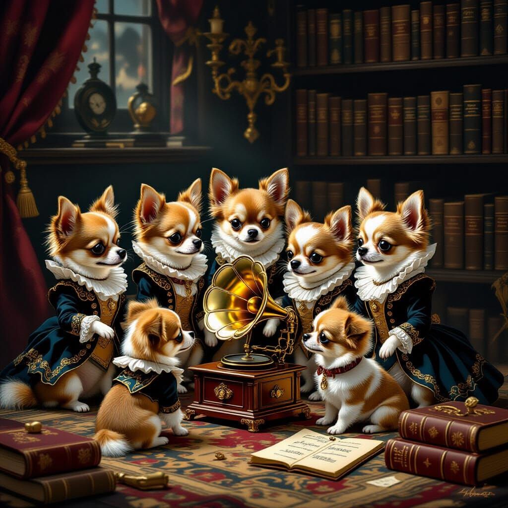 Victorian Chihuahuas Listen to Gramophone in Dark Fantasy St...