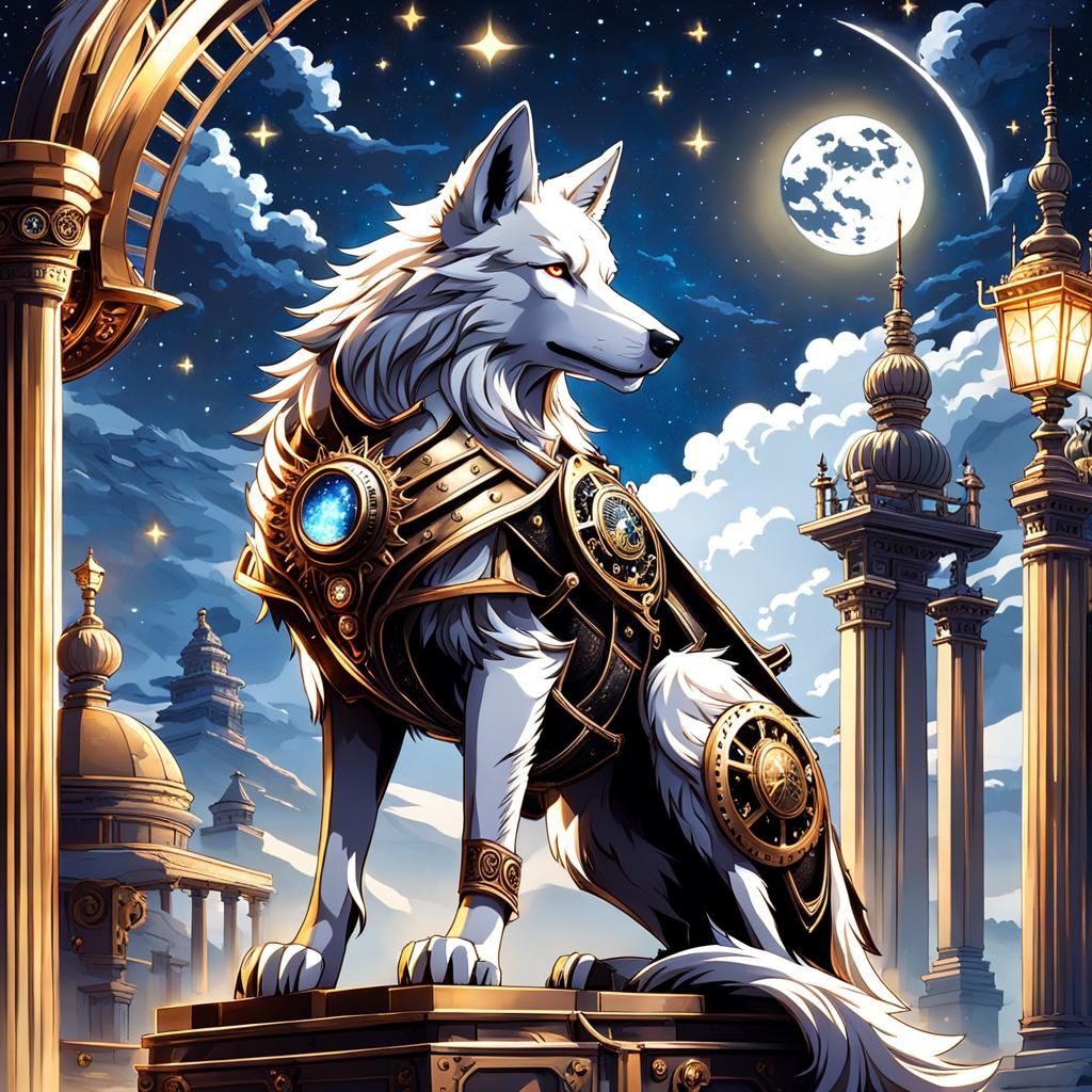 Steampunk Wolf Howling Under Starry Roman Sky