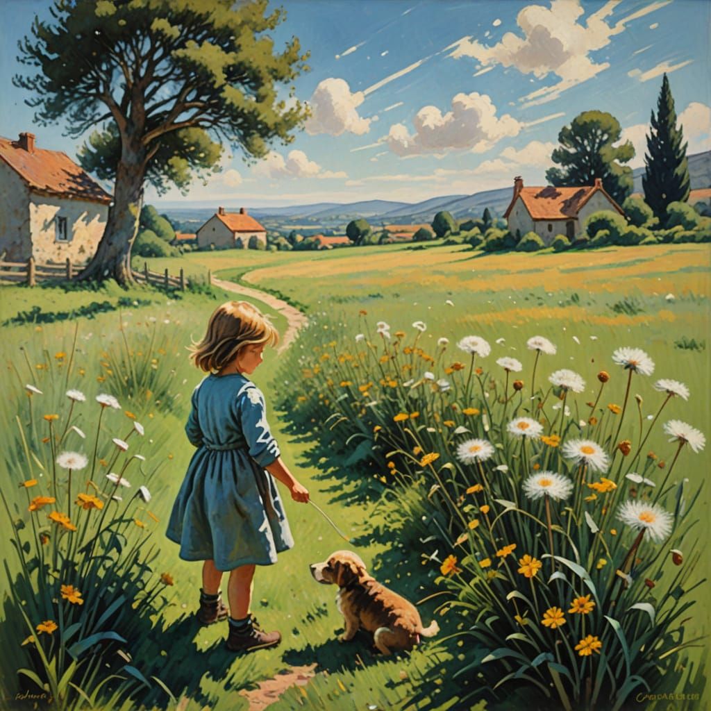 Child with Dandelion in Impressionist Meadow