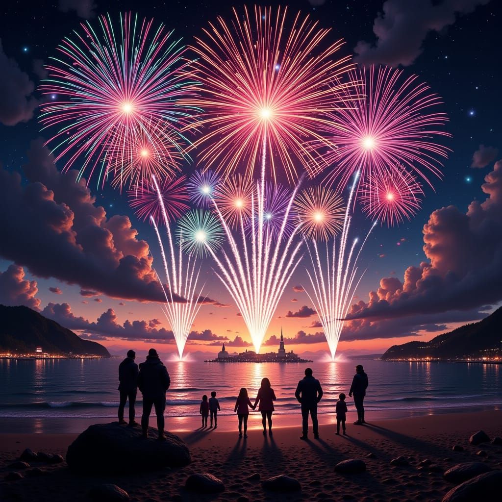 Spectacular Fireworks Over Bay in Digital Matte Painting Sty...