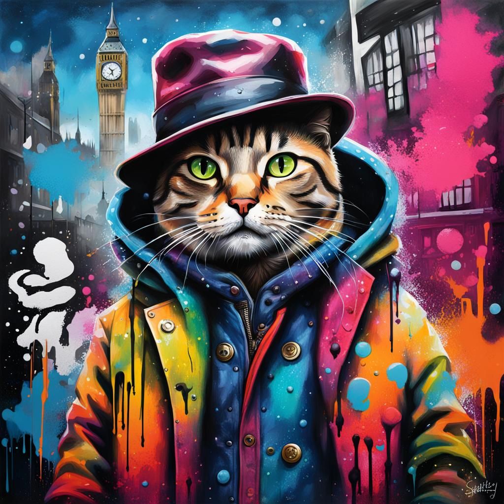 London Cat in Coat and Hat: Graffiti Art