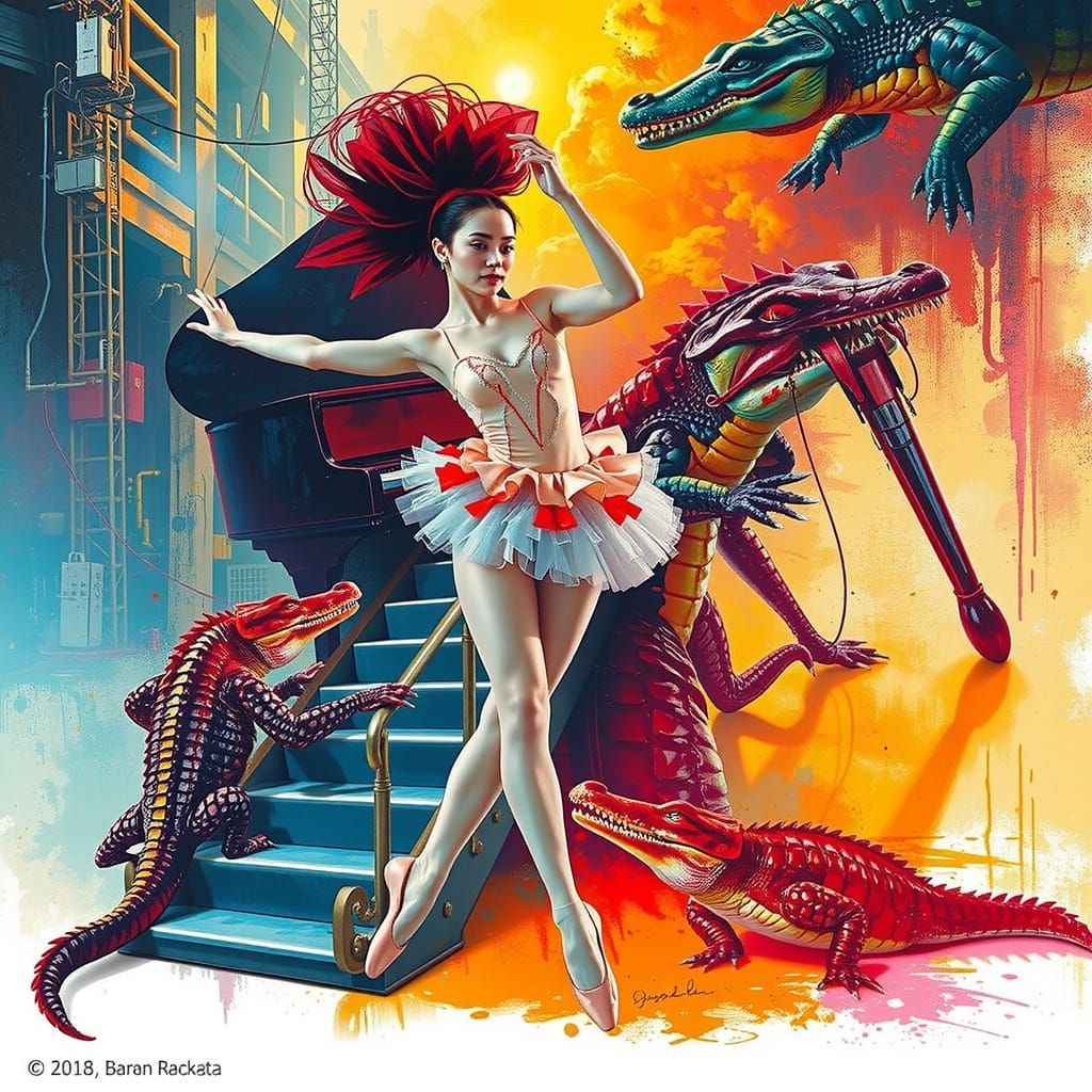 Ballerina's Hyperrealistic Dance with Piano and Crocodiles