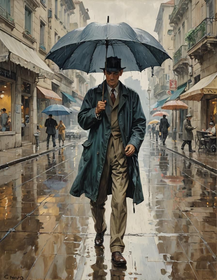 Rainy Summer Day Painting of Man With Umbrella