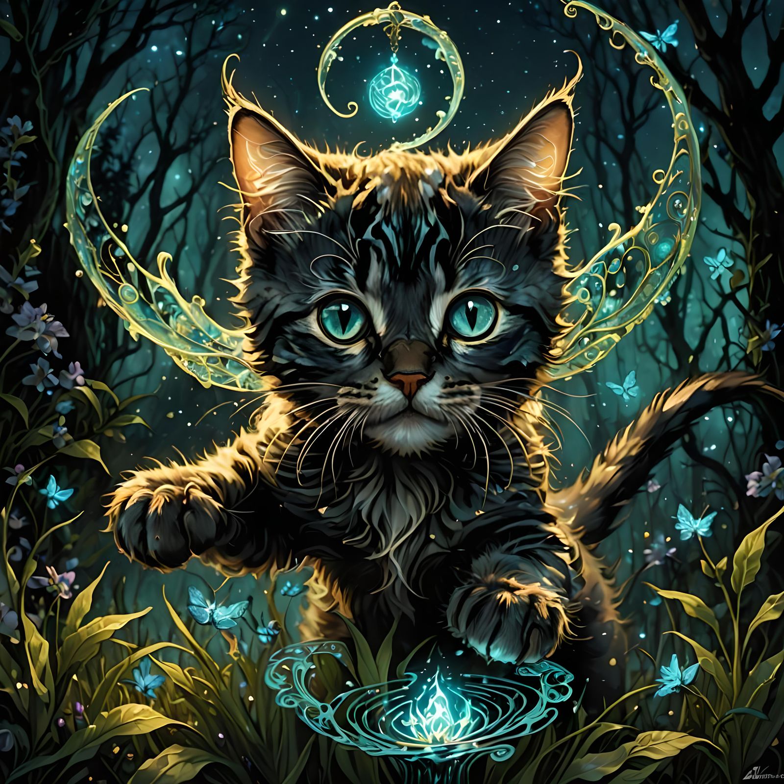 Bioluminescent Elven Kitten Pouncing in Fantasy Garden