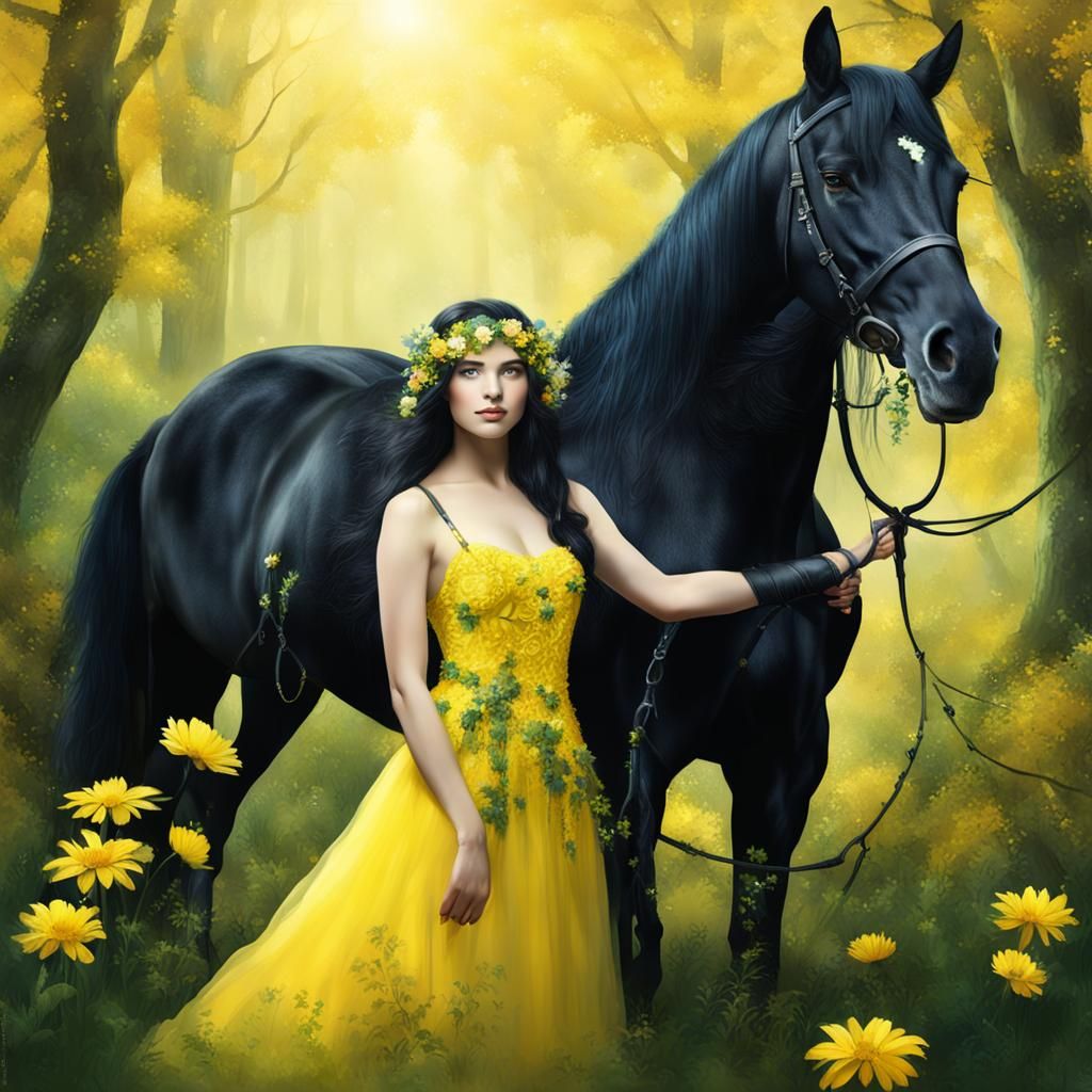 Fairy Woman with Black Horse in Enchanted Forest