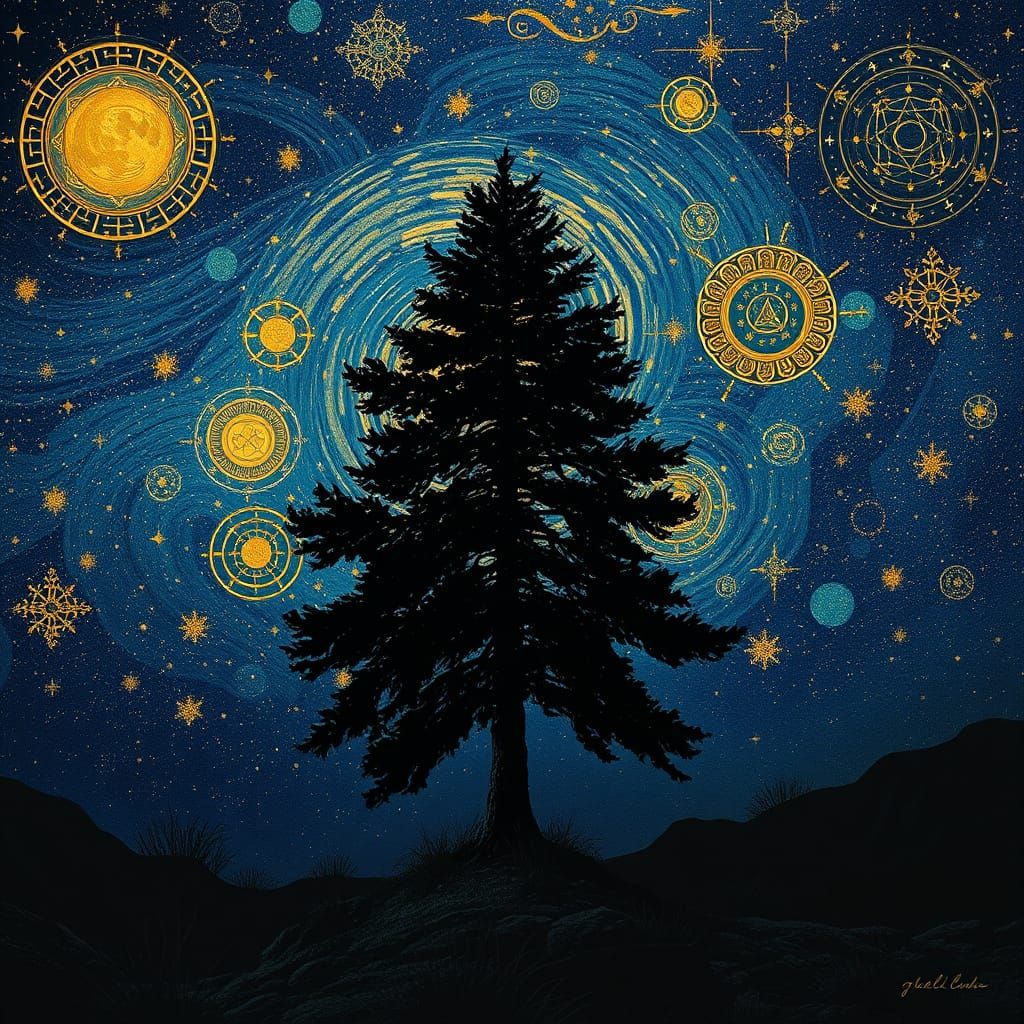 Klimt-Style Night Sky with Solitary Tree