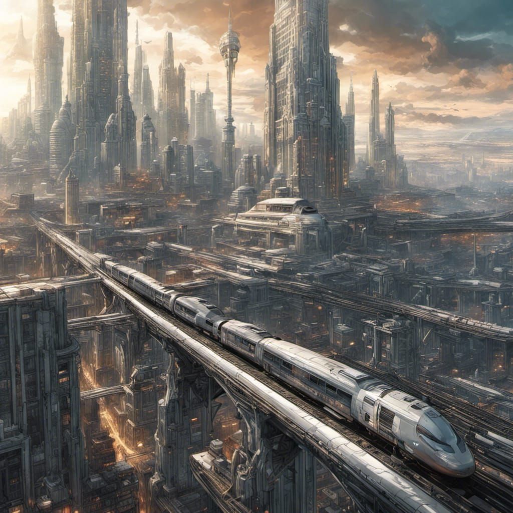 High Tech City with Rail System: Digital Matte Painting