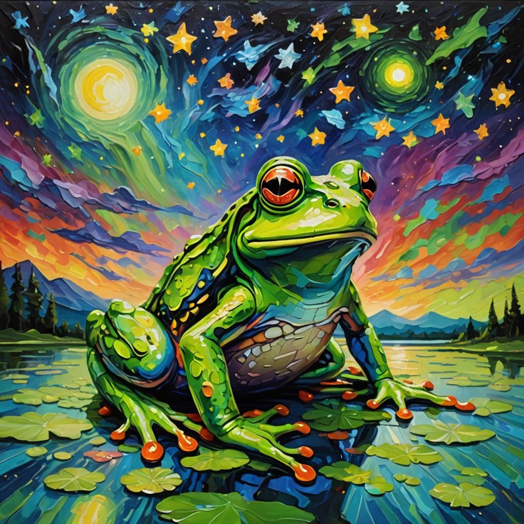 Luminous Frog Under Starry Sky in Expressionist Style