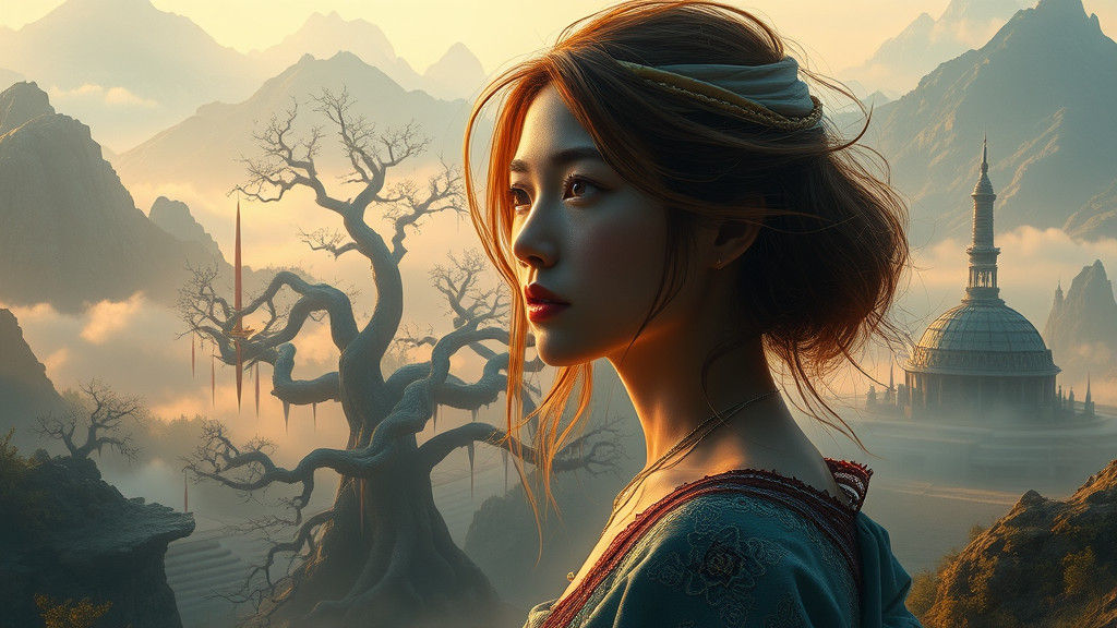 Contemplative Woman in Dreamlike Fantasy Landscape