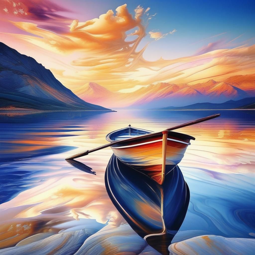 Sunset Boat on Calm Lake: Clear Details