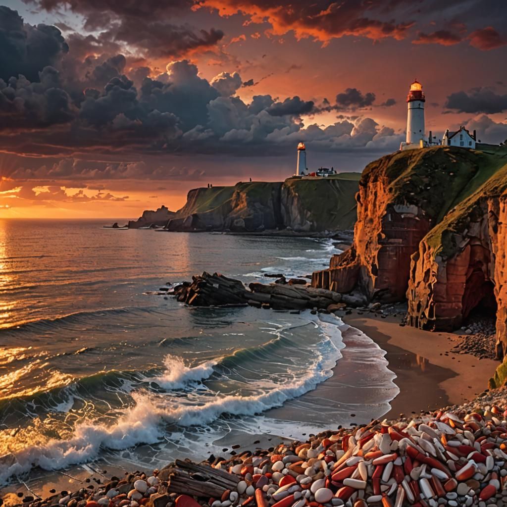 Coastal Sunset Panorama with Lighthouse and Approaching Stor...