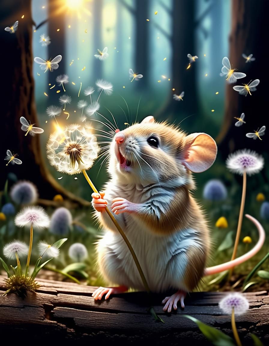 Adorable Mouse with Dandelion in Enchanted Forest