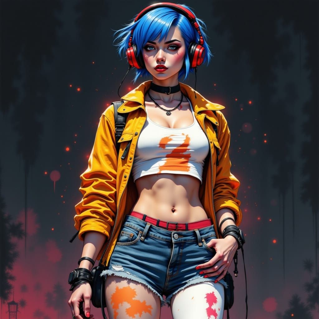 Cyberpunk Woman with Headphones in Painterly Style