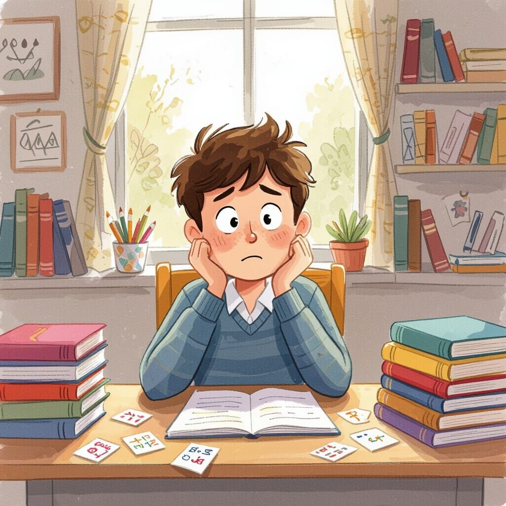Frustrated Student Surrounded by Books: Watercolor Illustrat...