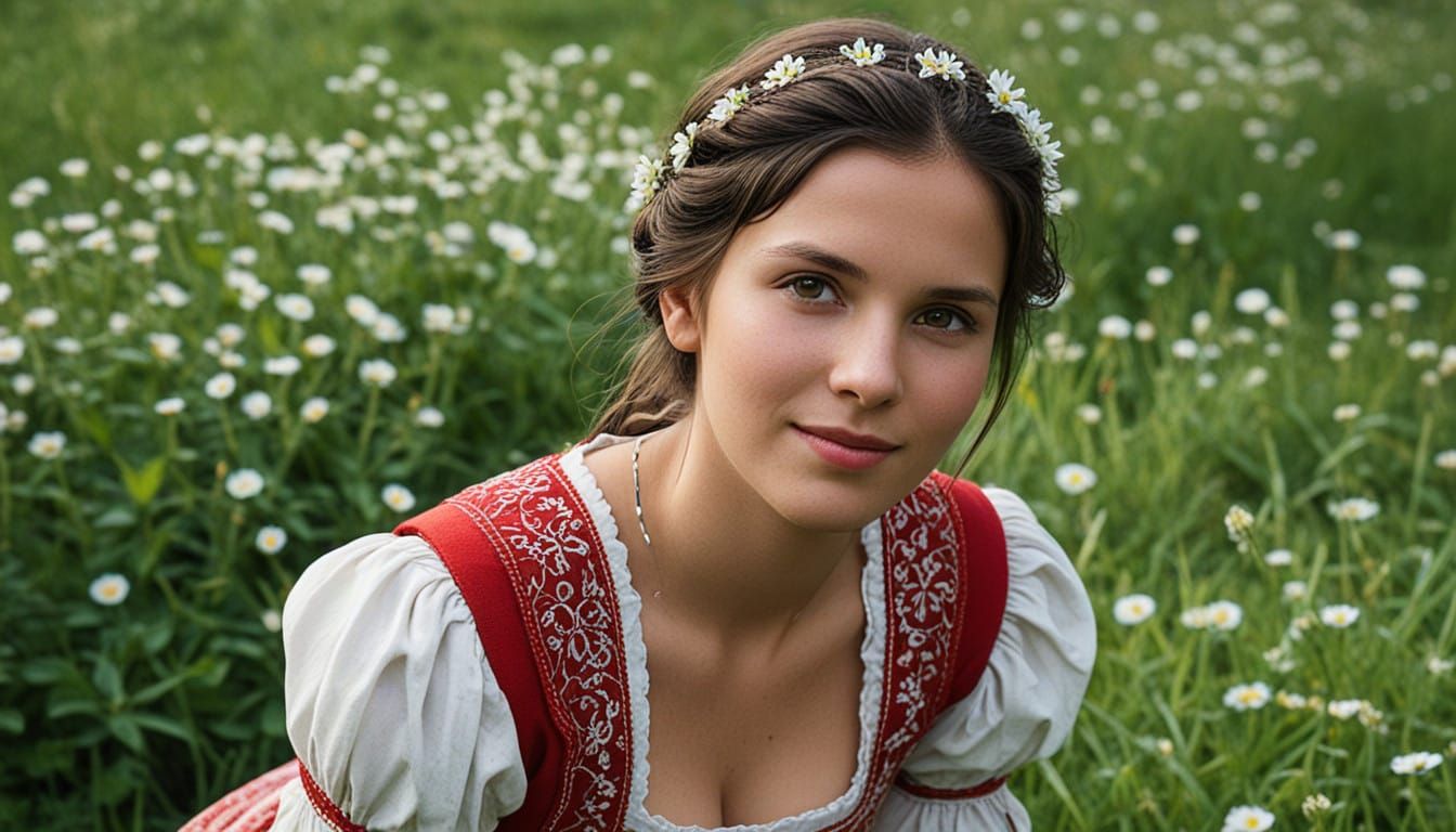Serene Swiss Dirndl Beauty in Vibrant Mountain Field