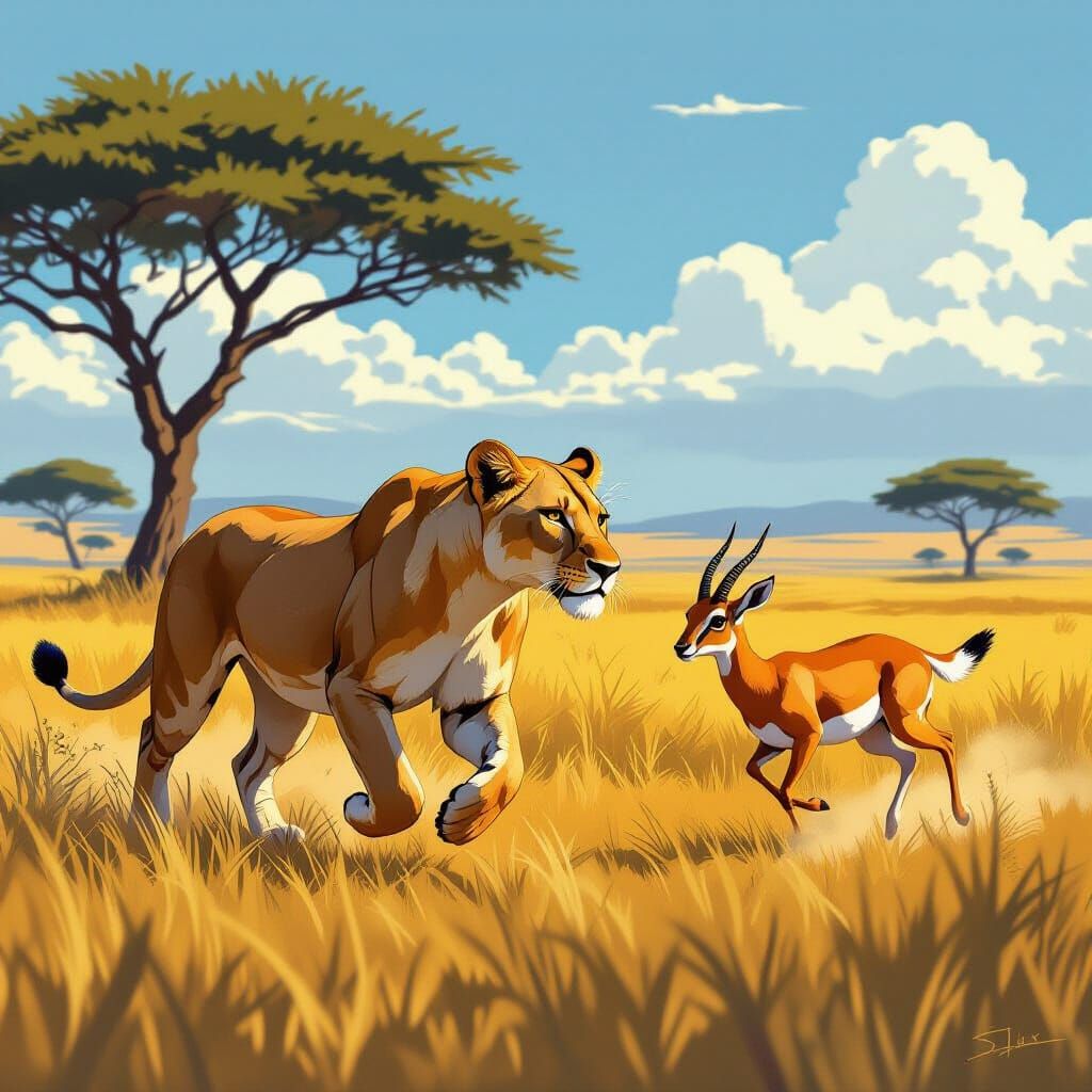 Lioness Hunts Gazelle on Savannah in Stalenhag Style