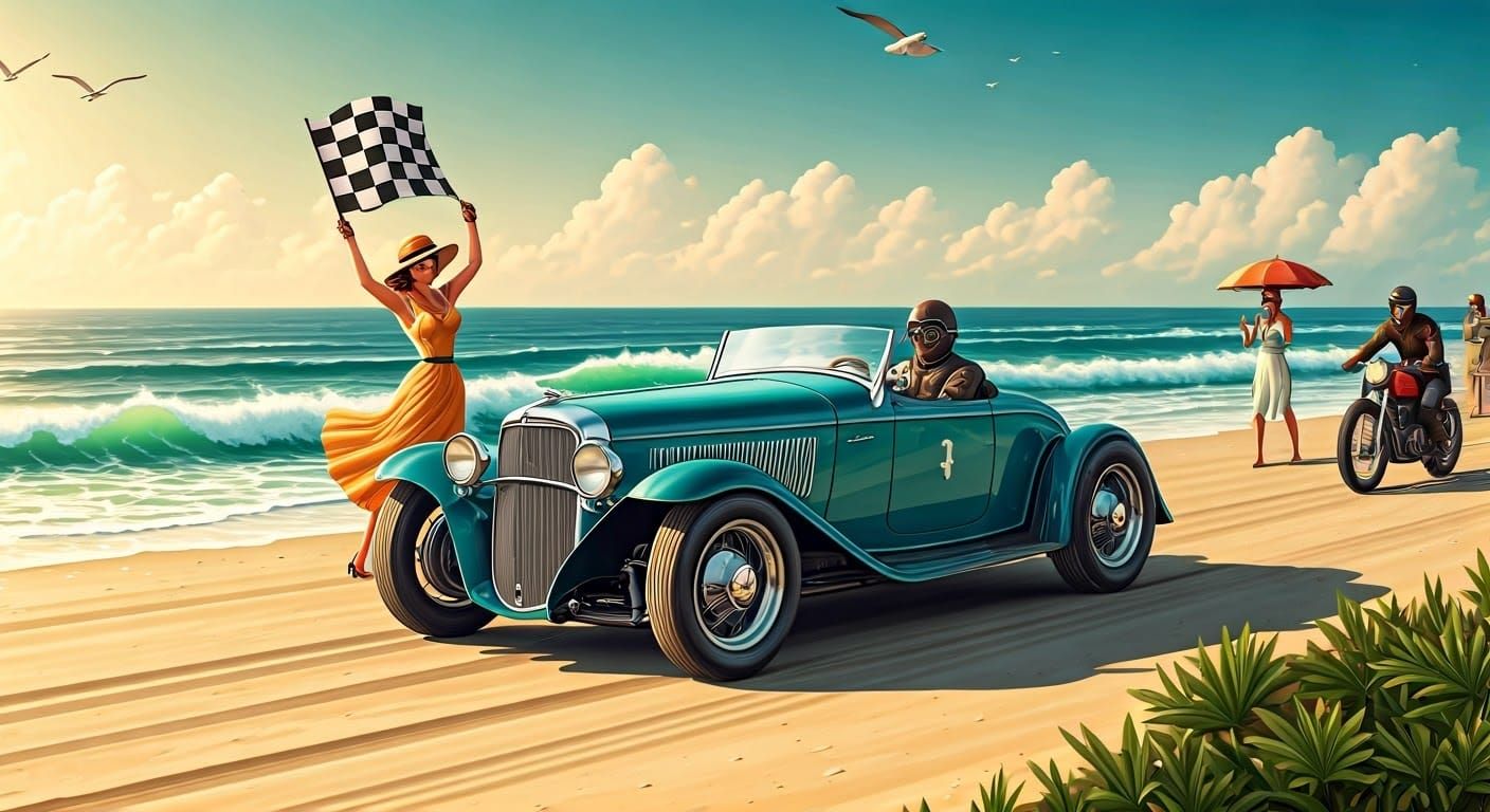 Vintage Beach Racing Scene with Checkered Flag and Roadster