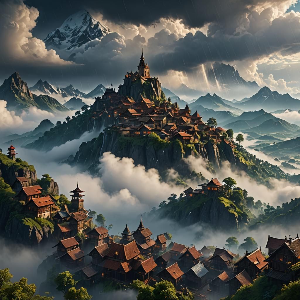 Rainy Village Above the Clouds: Matte Painting