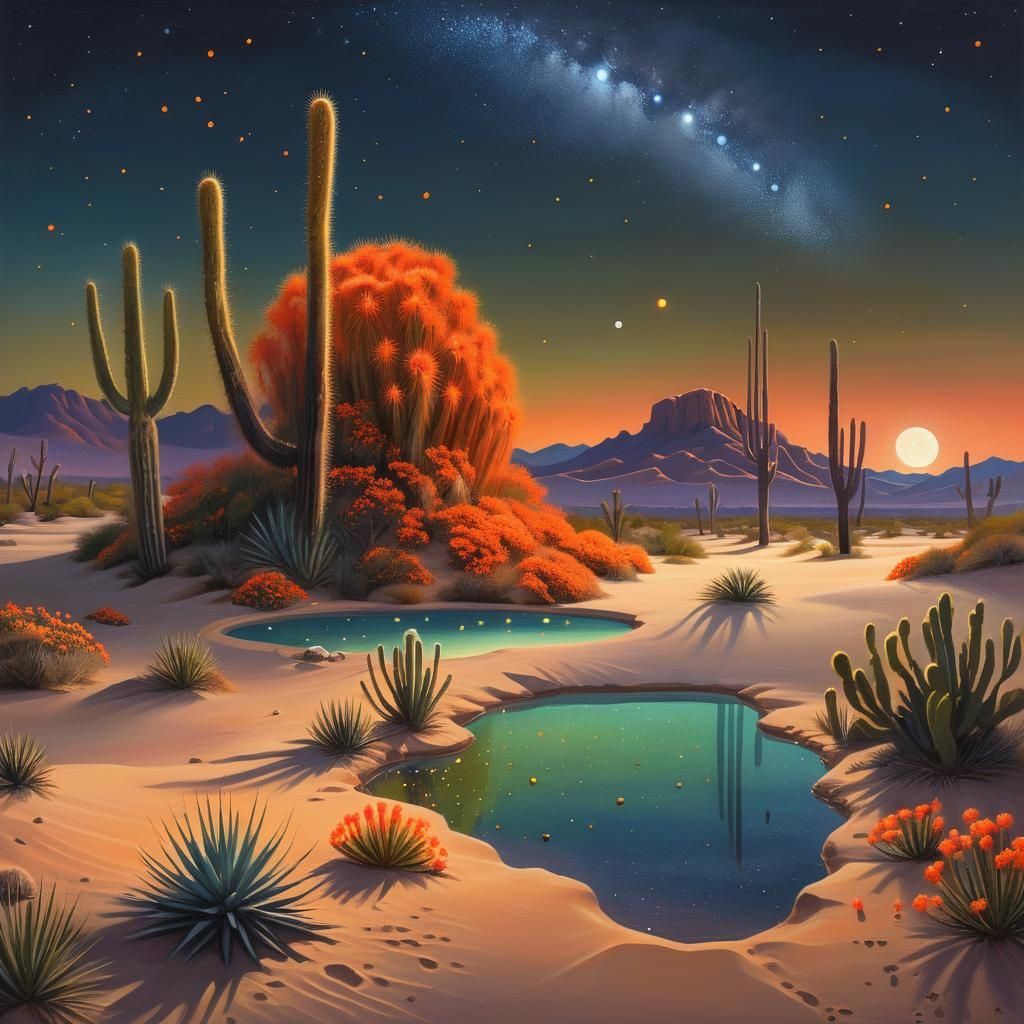 Mystical Desert Oasis Under Crescent Moonlight