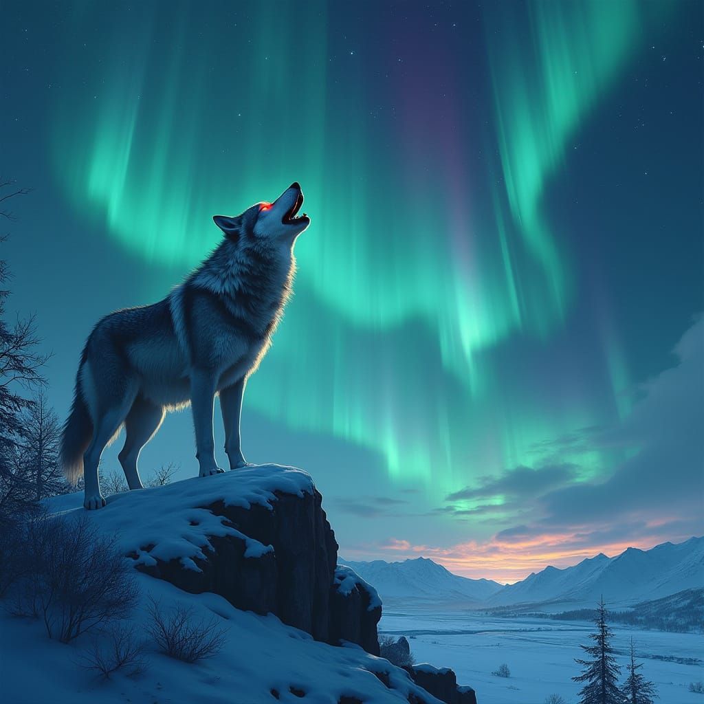 Majestic Wolf Under the Northern Lights