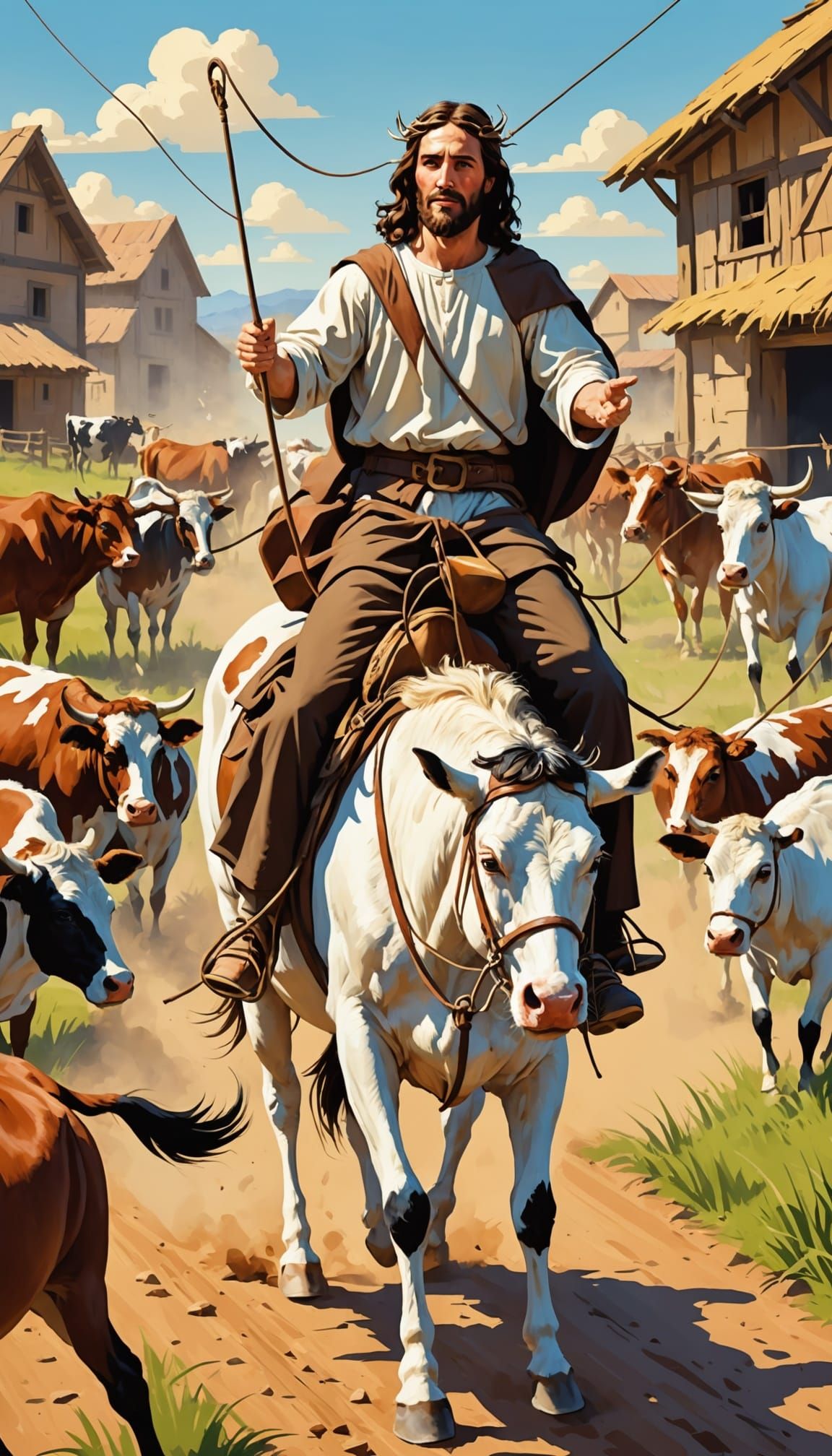 Jesus Lassoing Horses Atop Cow Udder