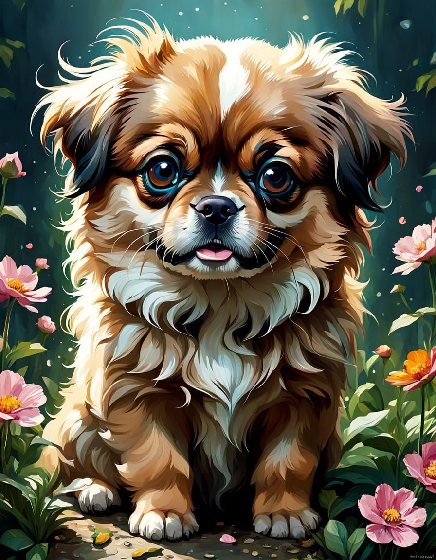 Adorable Tibetan Spaniel Puppy in Floral Spring