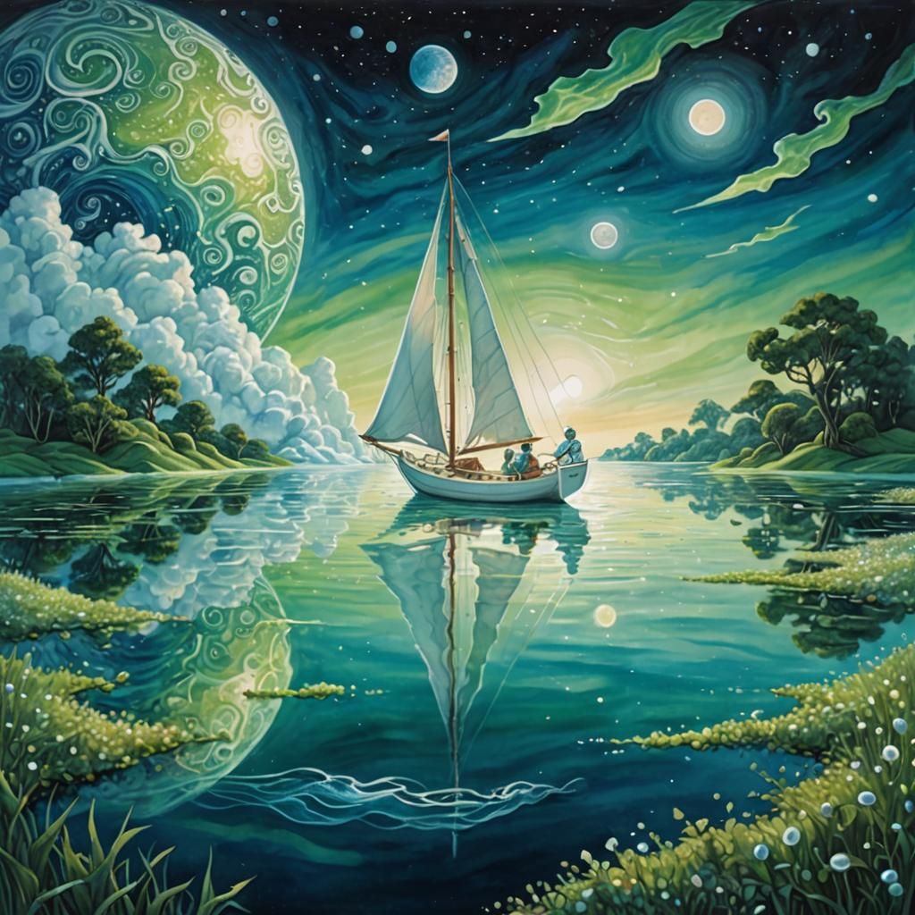 Sailing on Lunar Sea Under Earth, Fantasy Illustration