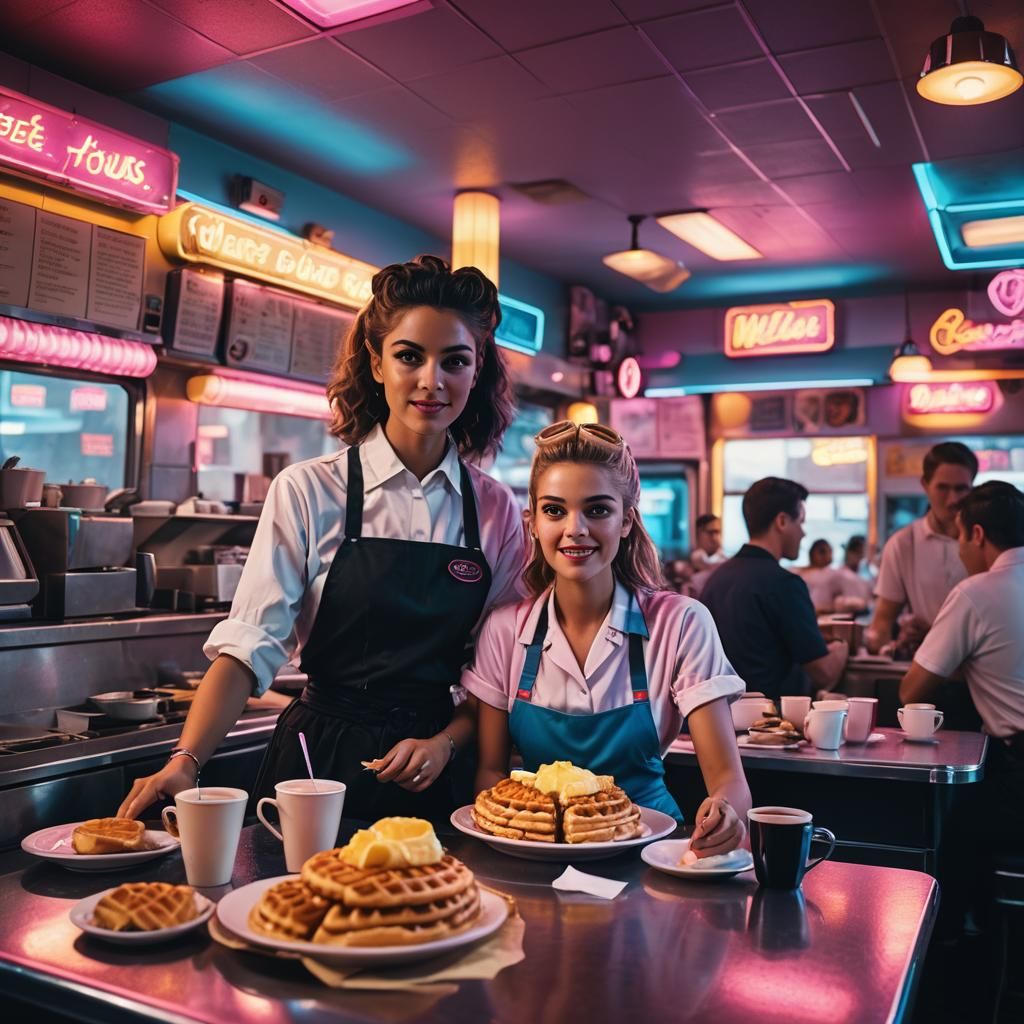Waffle House in Synthwave Neon Retro Style