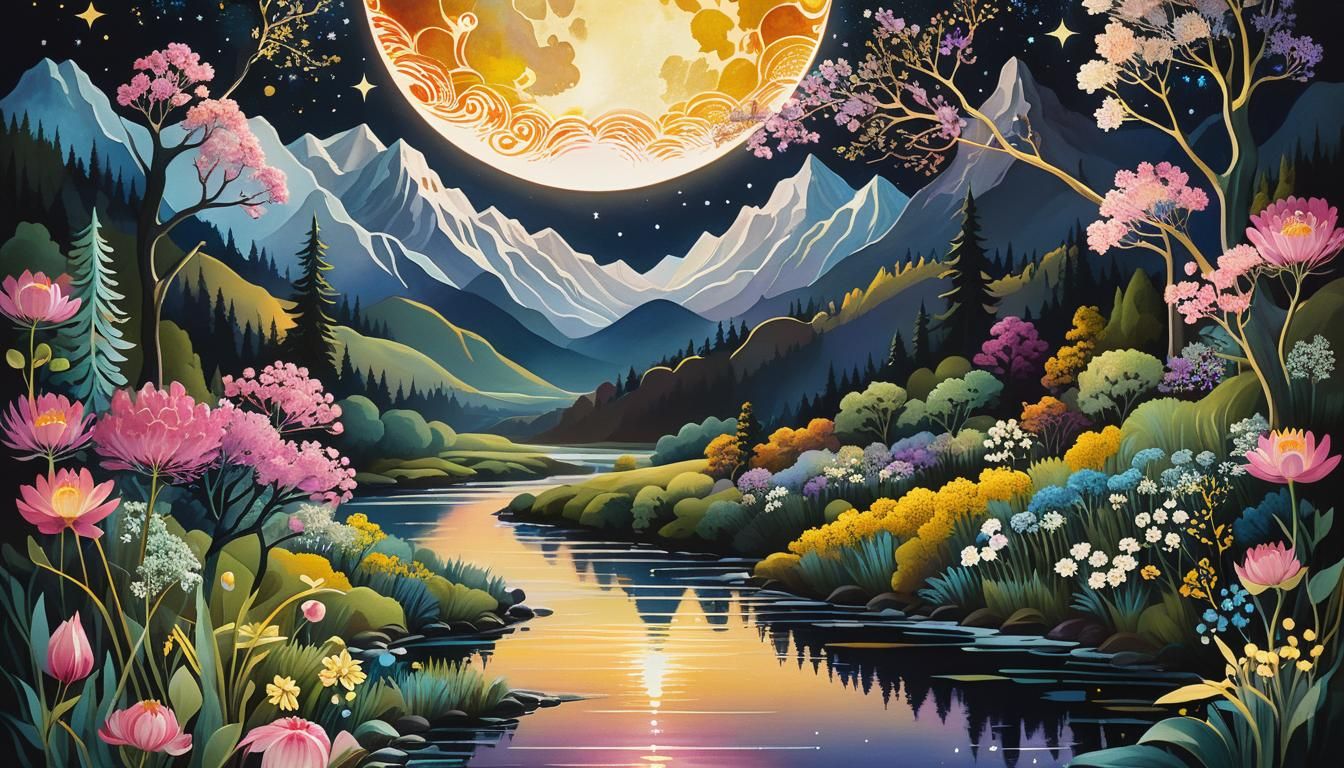 Surreal Moonlit Landscape in Art Deco Gouache Style