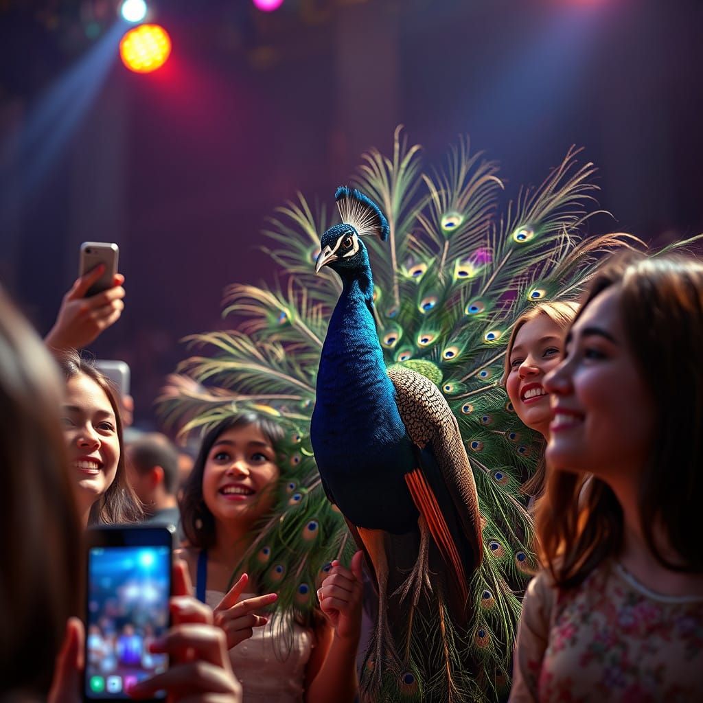 Ravishing Peacock Amidst Adoring Girls, in Cinematic HDR