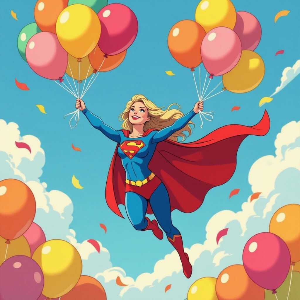 Supergirl Soaring with Birthday Balloons