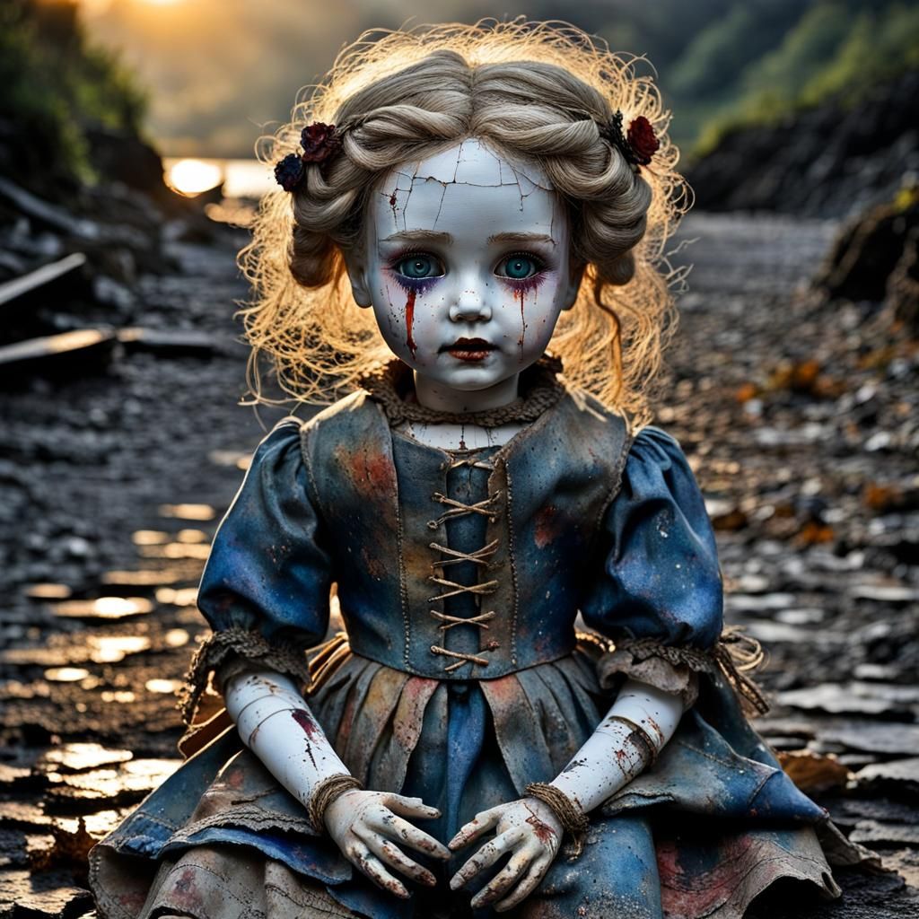Sinister Porcelain Doll with Evil Eyes in Art Brut Style