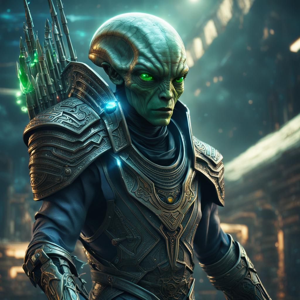 Alien Archer with Gemstone Bow in Sci-Fi Style