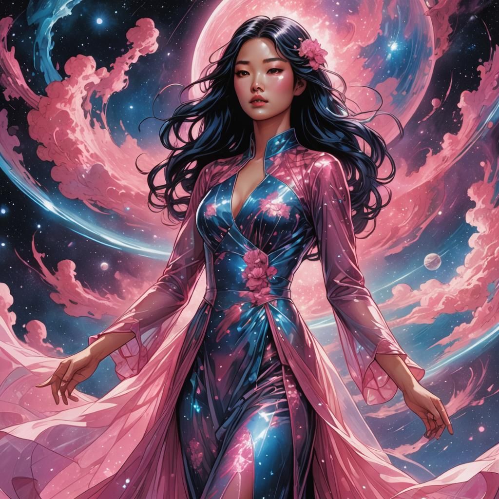 Galactic Korean Girl in Nebula Gown, Comic Book Art