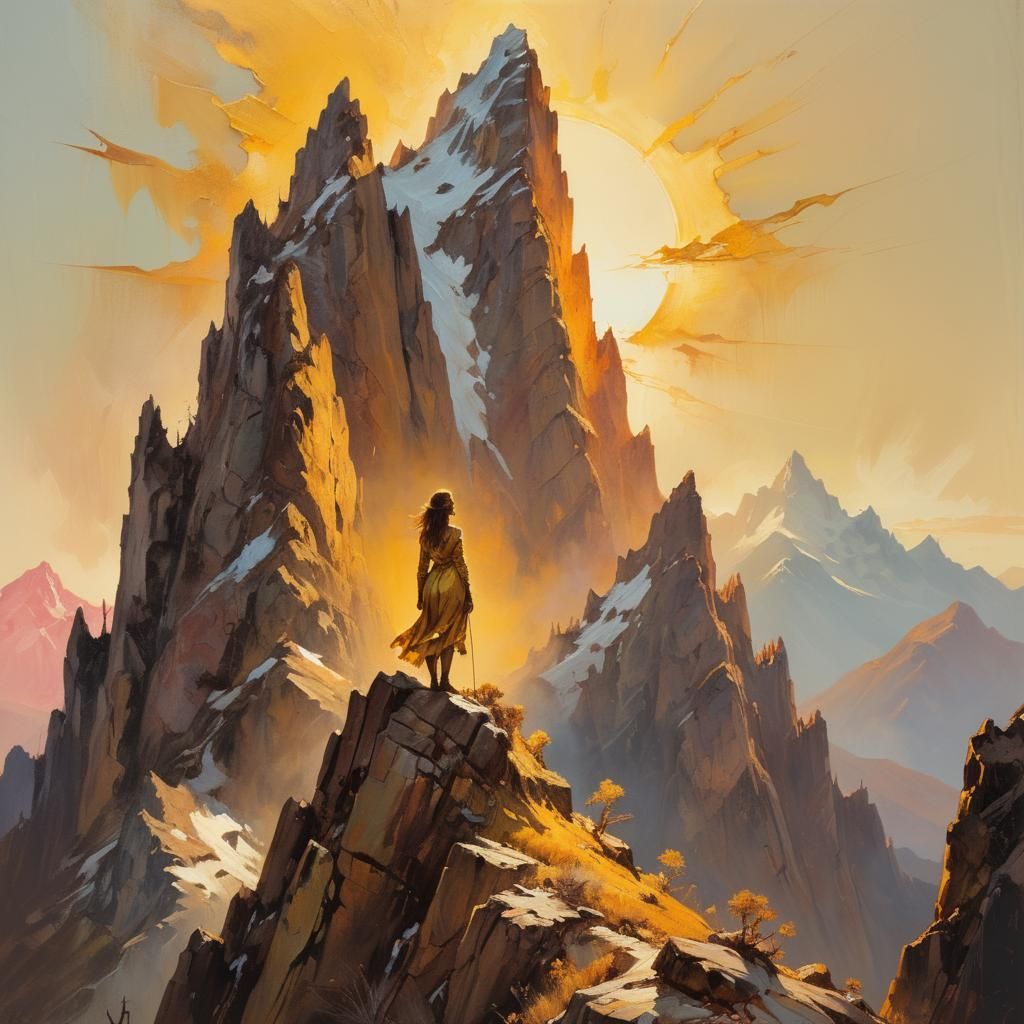 Lone Figure at Majestic Mountains in Oil Painting