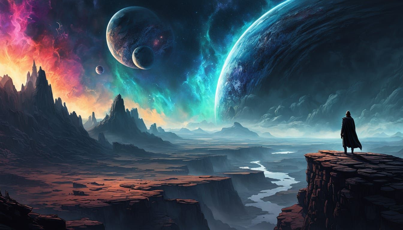 Lone Figure on Precipice Over Alien Nebula