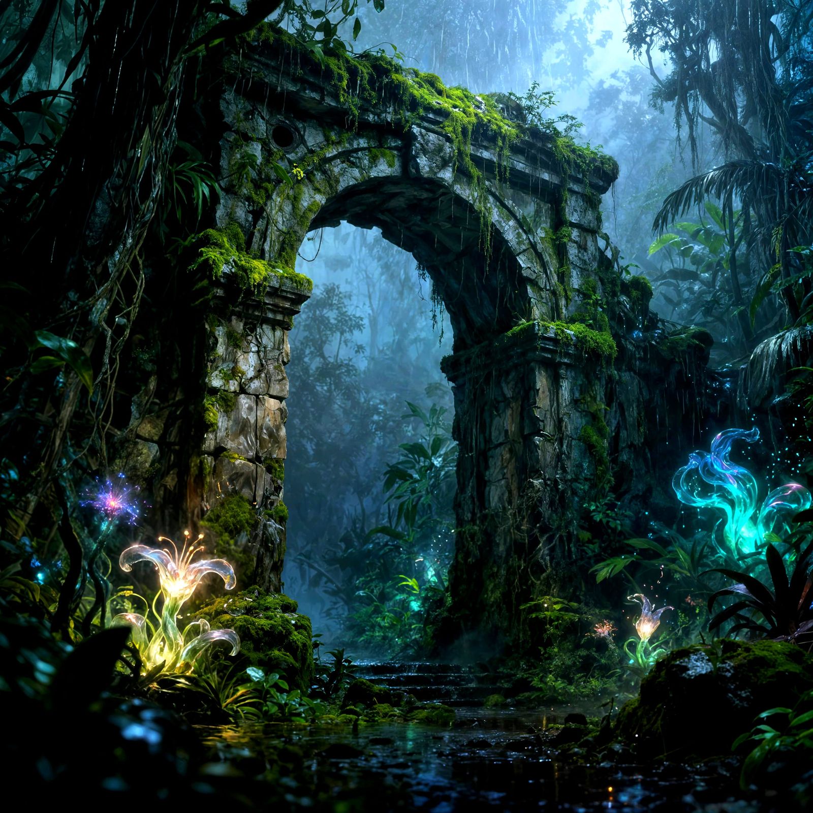 Ancient Jungle Archway in Misty Concept Art Style
