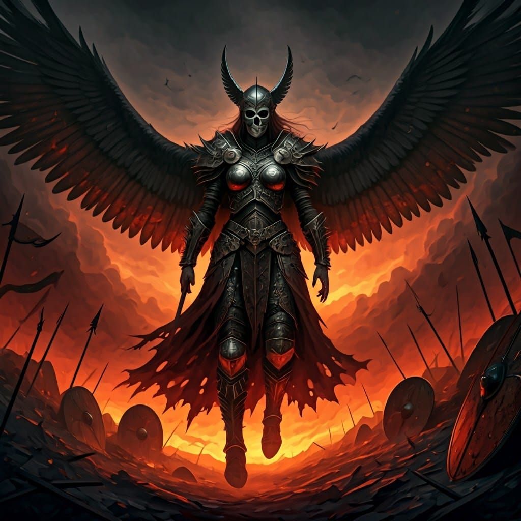 Dark Fantasy Valkyrie Dominates a Smoldering Battlefield