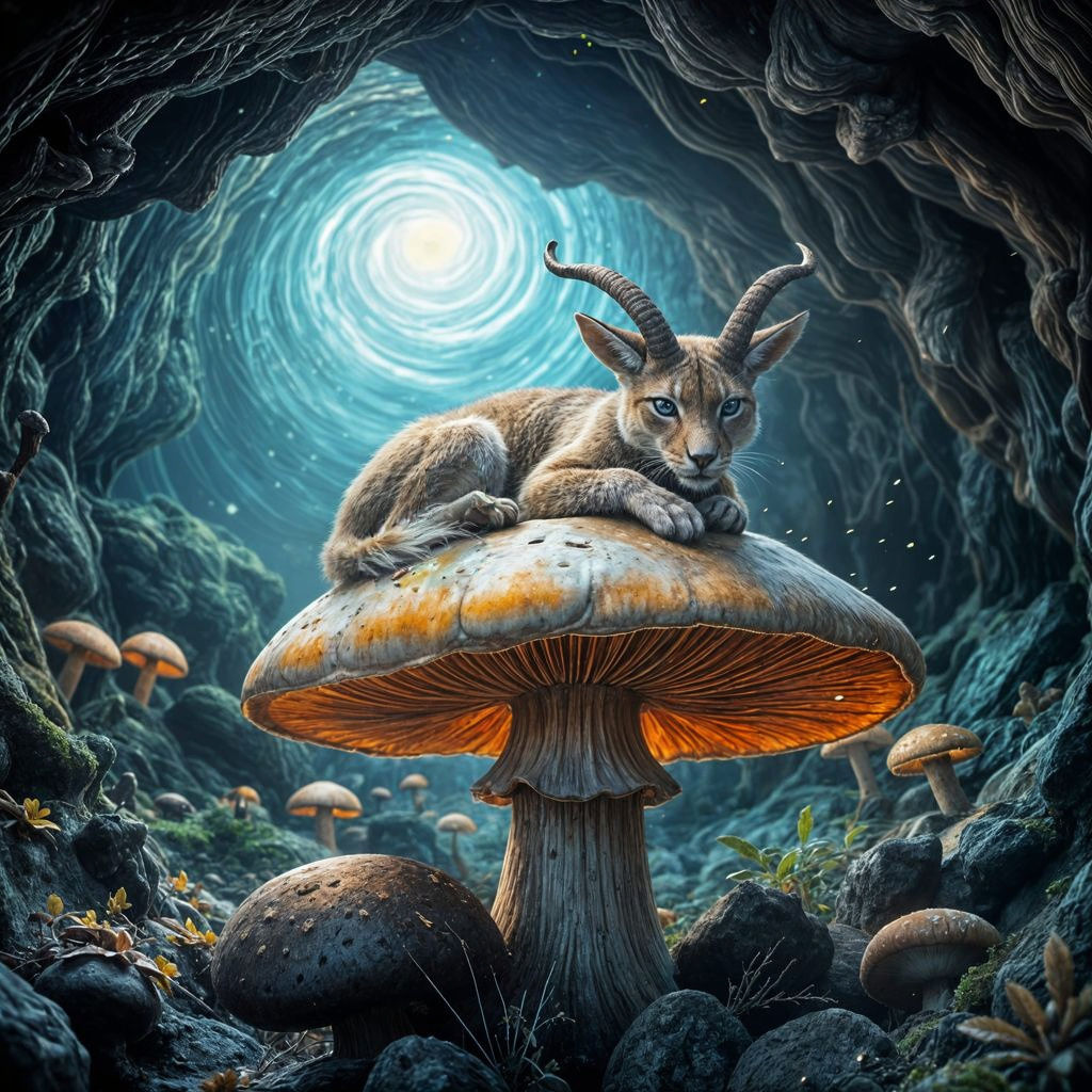 Mystical Cave Lynx Amidst Glowing Mushroom Forest
