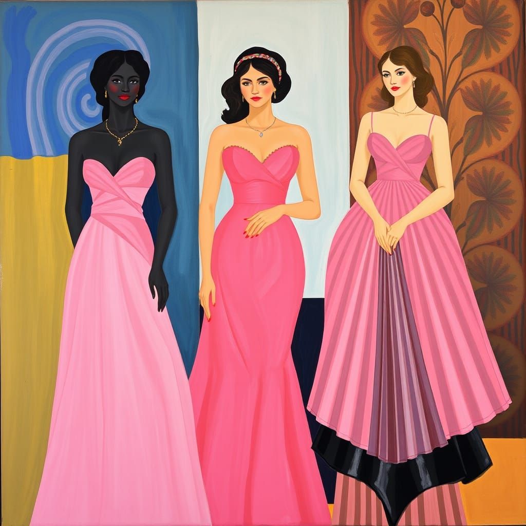 Elegant Women in Pink Dresses: Modern Art