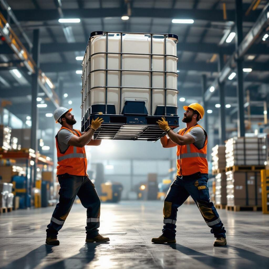 Warehouse Workers Struggle With Heavy IBC Container