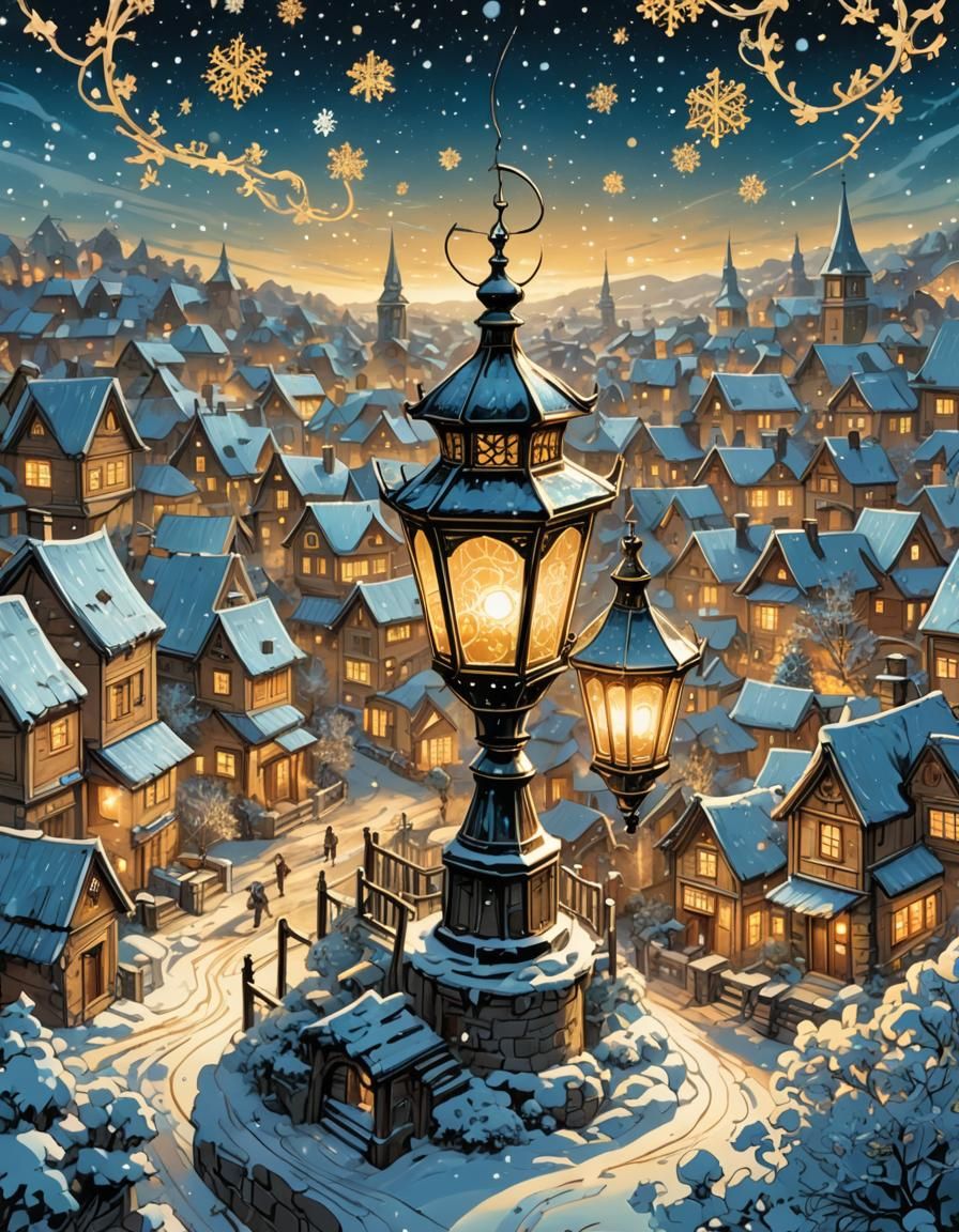 Winter Village in Snowy Delight, in Comic Book Style