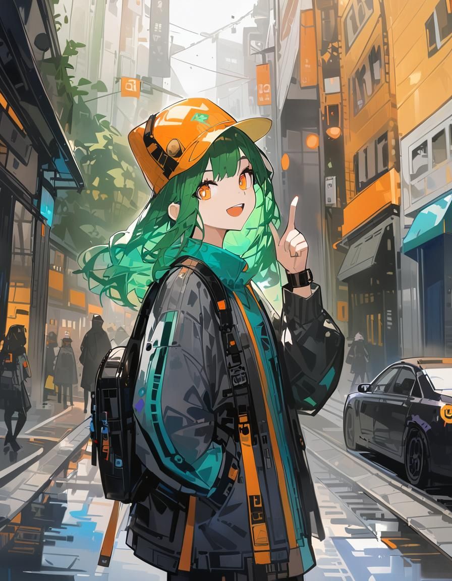 Stylish Girl with Green Hair in Urban Setting
